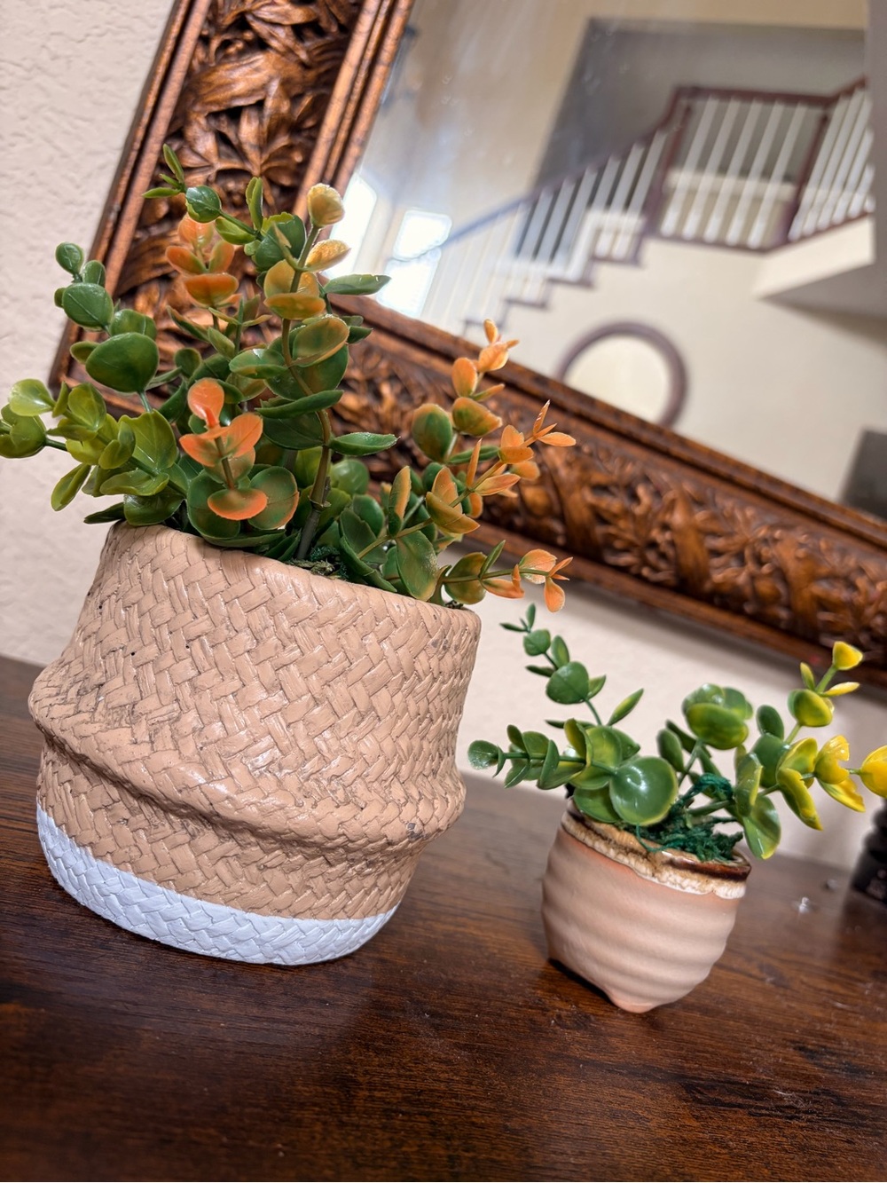 2 Planters- Neutral Tan Woven Ceramic Planter with Green & Orange Faux Foliage